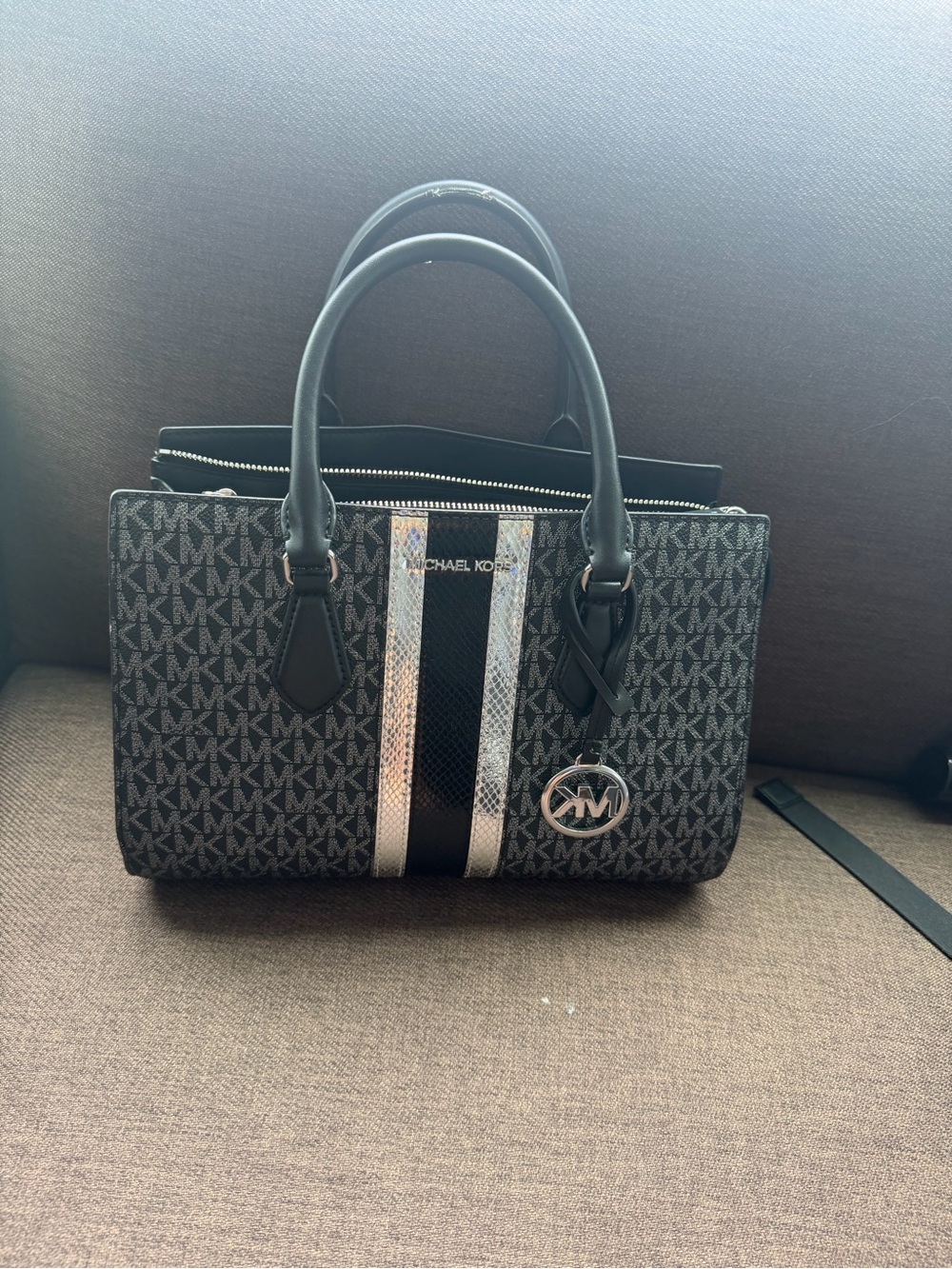 Michael Kors Black MK Sheila Signature Stripe small Satchel with metallic detail